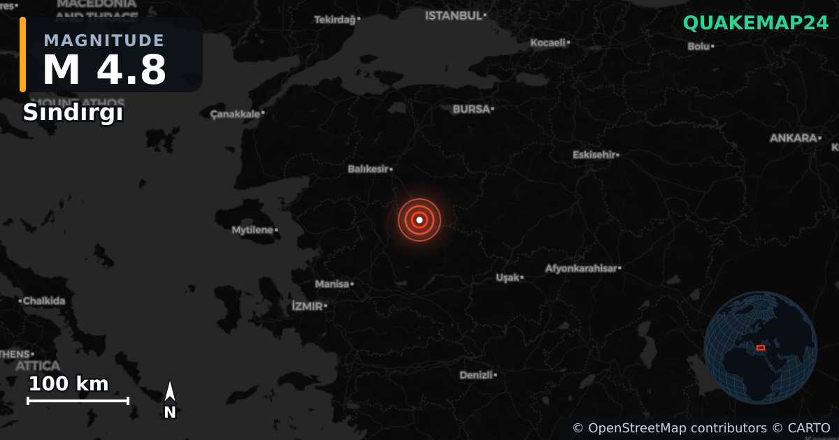 M4.8 earthquake near Sındırgı on Oct 28, 2025 — map of epicenter and shaking intensity | QuakeMap24
