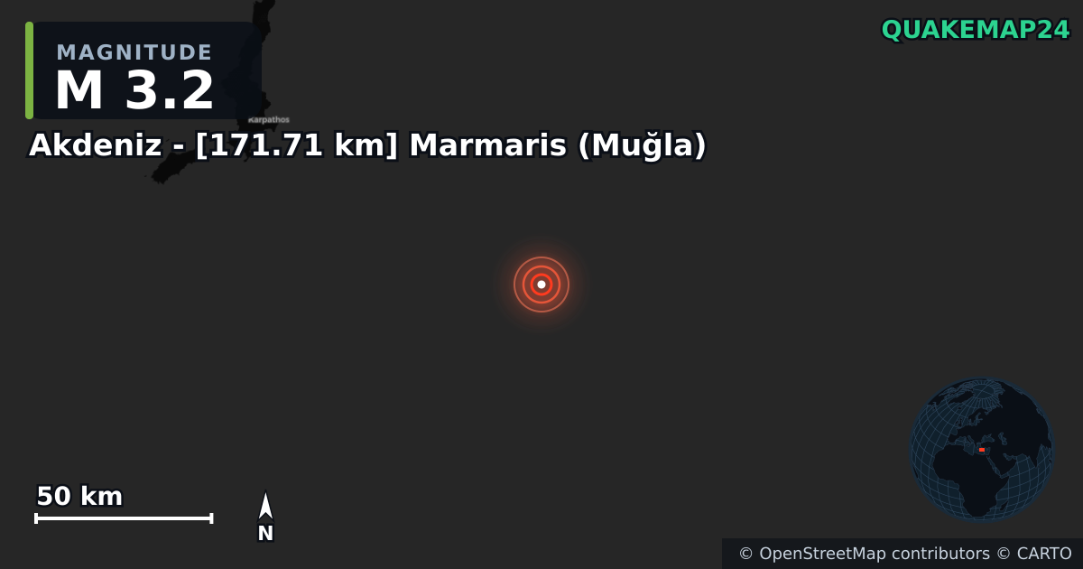M3.2 earthquake near Akdeniz - [171.71 km] Marmaris (Muğla) on May 18, 2026 — map of epicenter and shaking intensity | QuakeMap24
