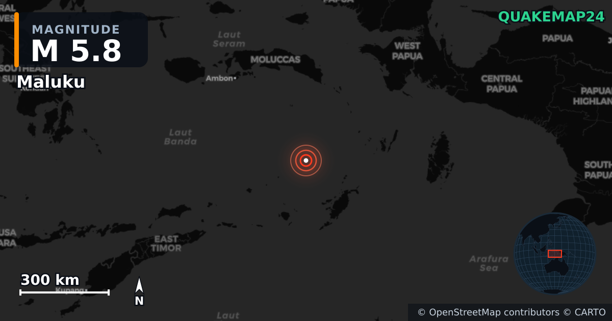 M5.8 earthquake near Maluku on May 14, 2026 — map of epicenter and shaking intensity | QuakeMap24