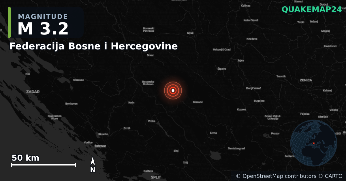 M3.2 earthquake near Federacija Bosne i Hercegovine on Jun 16, 2025 — map of epicenter and shaking intensity | QuakeMap24