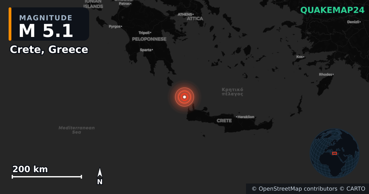 M5.1 earthquake near Crete, Greece on Jul 23, 2025 — map of epicenter and shaking intensity | QuakeMap24