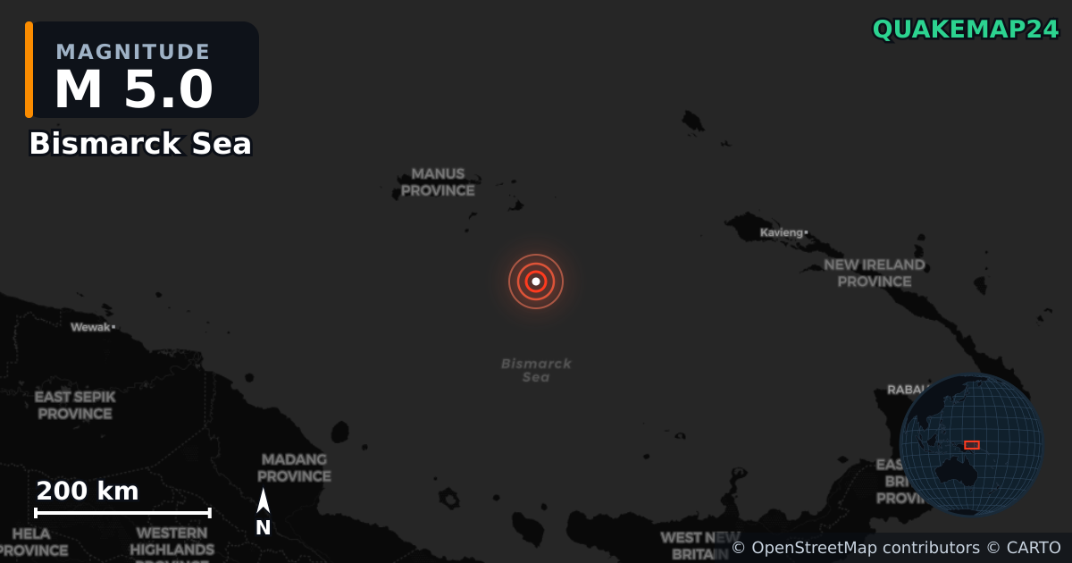 M5.0 earthquake near Bismarck Sea on May 8, 2026 — map of epicenter and shaking intensity | QuakeMap24