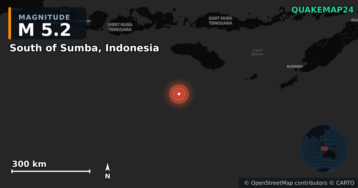 M5.2 earthquake near South of Sumba, Indonesia on Jun 13, 2025 — map of epicenter and shaking intensity | QuakeMap24