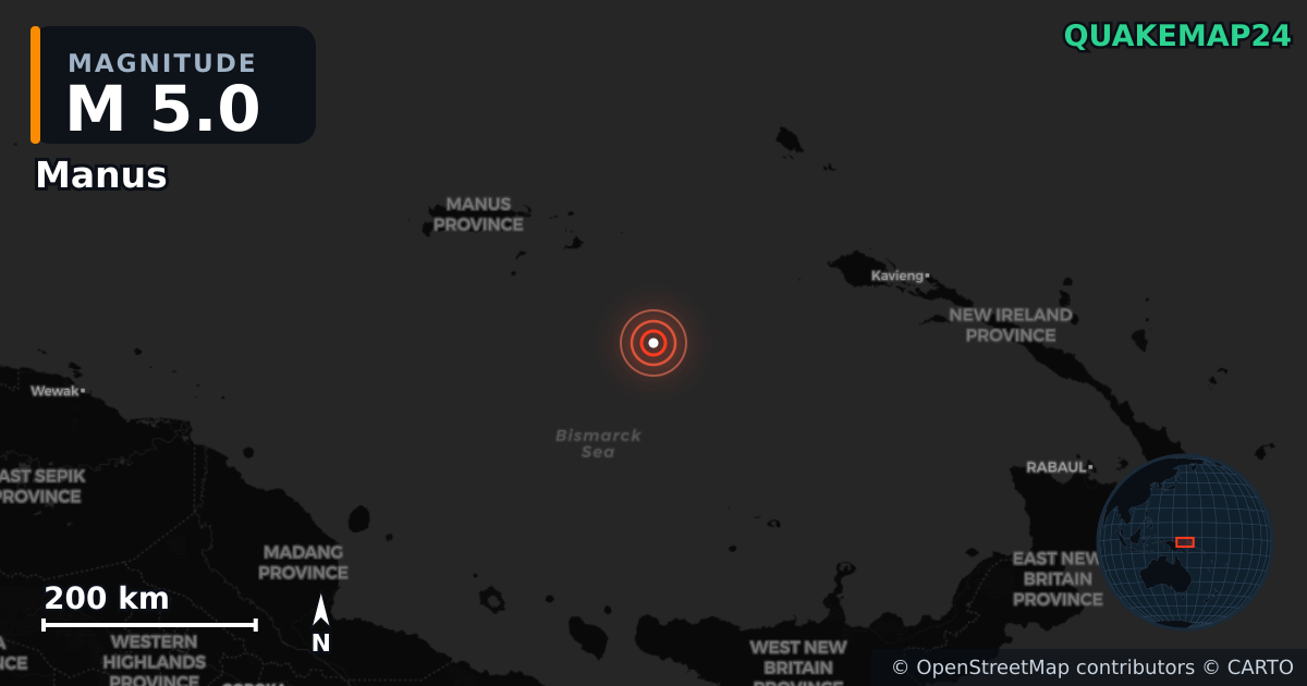 M5.0 earthquake near Manus on Oct 11, 2025 — map of epicenter and shaking intensity | QuakeMap24