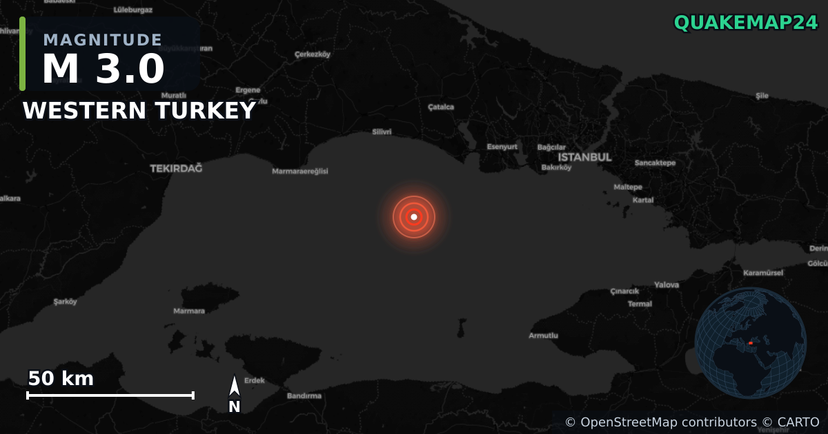 M3.0 earthquake near WESTERN TURKEY on Apr 23, 2025 — map of epicenter and shaking intensity | QuakeMap24