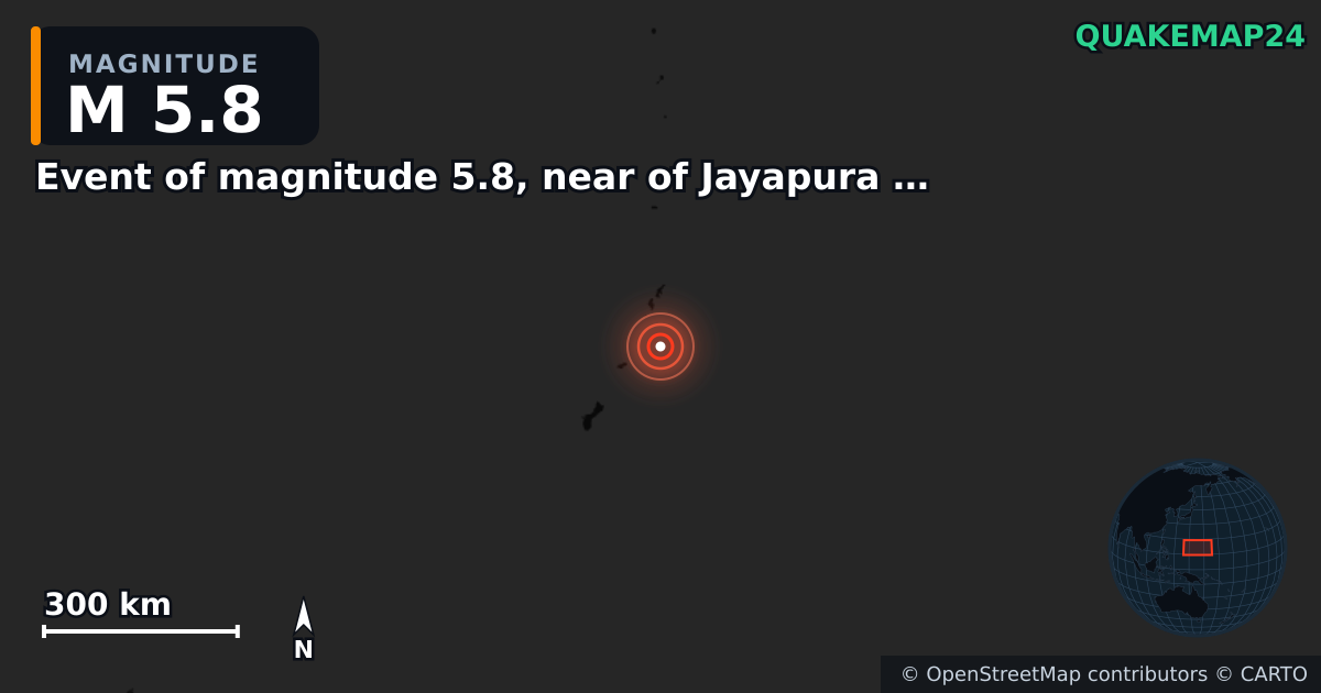 M5.8 earthquake near Event of magnitude 5.8, near of Jayapura (Monde) on Dec 15, 2025 — map of epicenter and shaking intensity | QuakeMap24