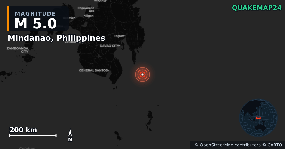 Mindanao, Philippines yakınında M5,0 deprem — Deprem merkez üssünün konumunu gösteren harita