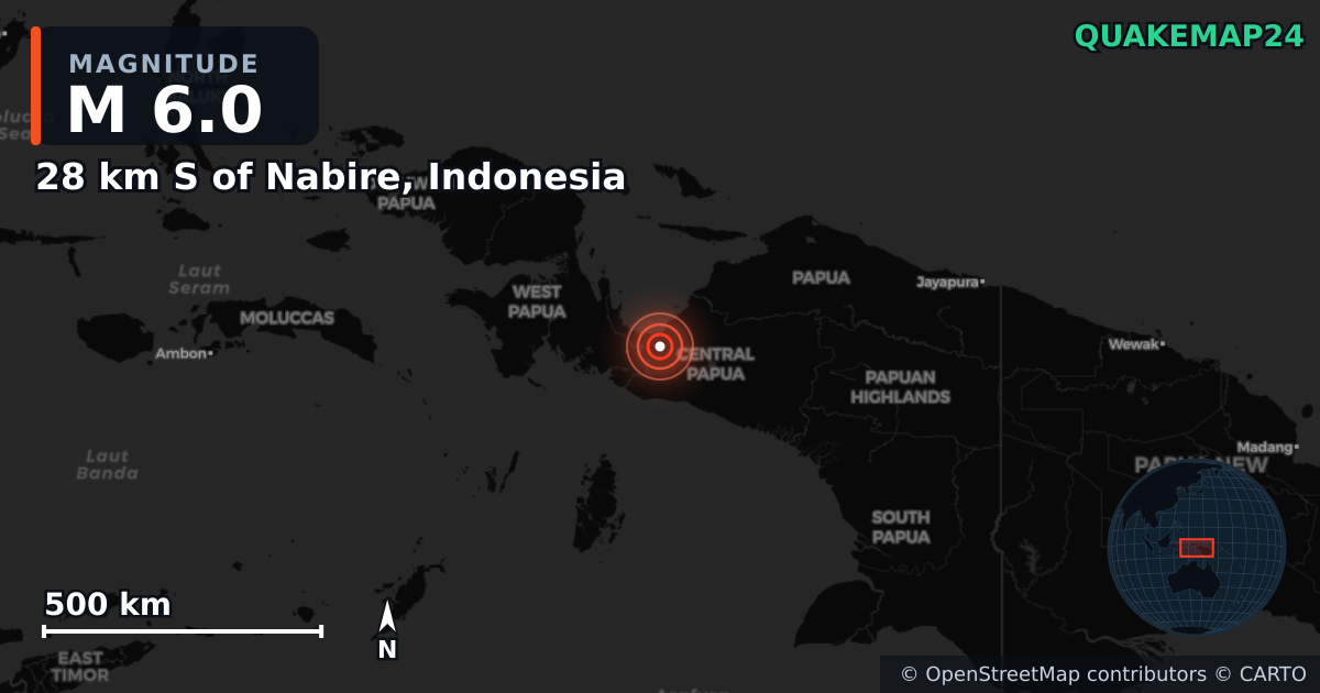 M6.0 earthquake near 28 km S of Nabire, Indonesia on Sep 18, 2025 — map of epicenter and shaking intensity | QuakeMap24