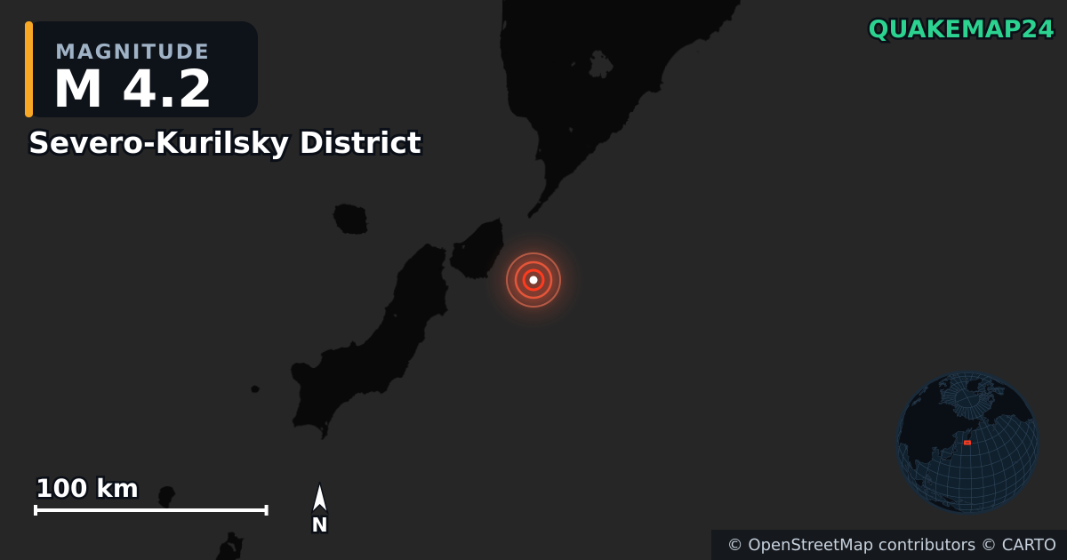 M4.2 earthquake near Severo-Kurilsky District on Jun 21, 2026 — map of epicenter and shaking intensity | QuakeMap24