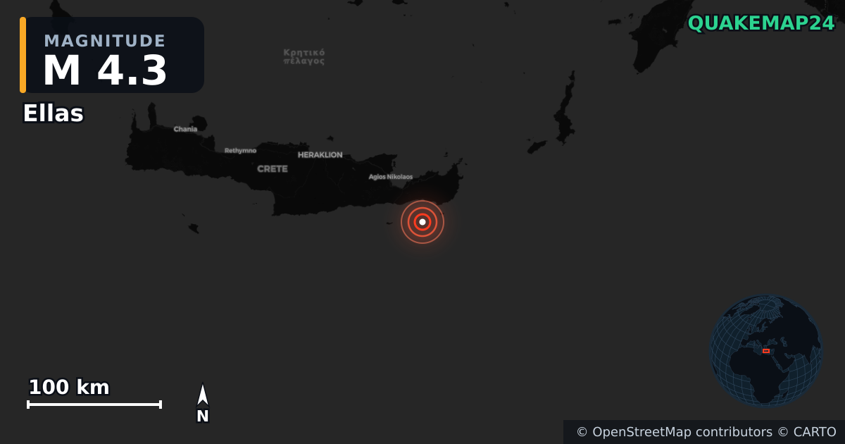 Sismo de M4,3 perto de Ellas (Grécia) · 2026-05-05 — Mapa da localização do epicentro