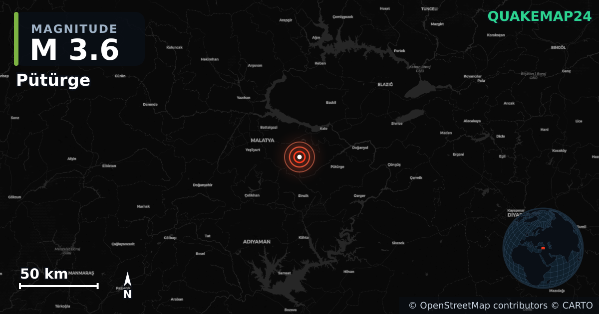 M3.6 earthquake near Pütürge on May 20, 2026 — map of epicenter and shaking intensity | QuakeMap24