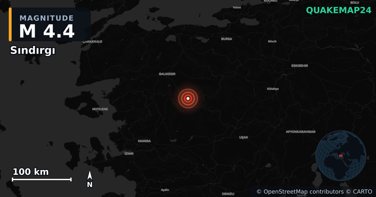 M4.4 earthquake near Sındırgı on Sep 7, 2025 — map of epicenter and shaking intensity | QuakeMap24