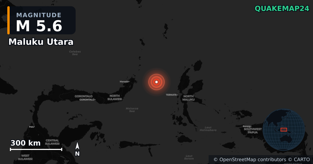 M5.6 earthquake near Maluku Utara on Dec 21, 2025 — map of epicenter and shaking intensity | QuakeMap24