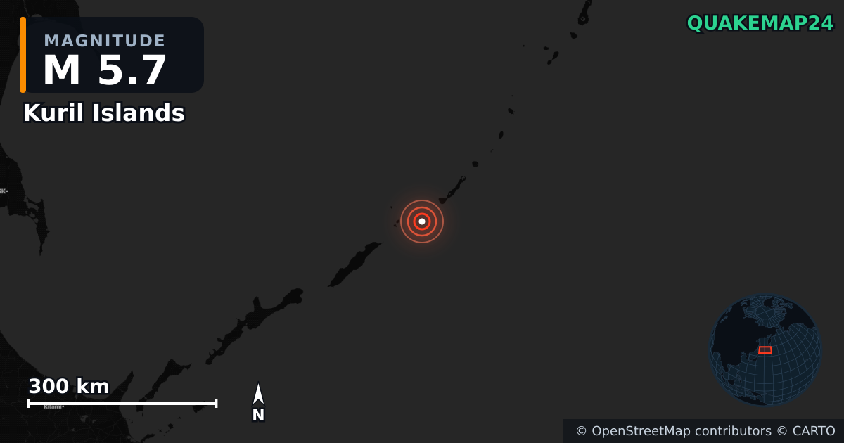 M5.7 earthquake near Kuril Islands on Jul 14, 2025 — map of epicenter and shaking intensity | QuakeMap24