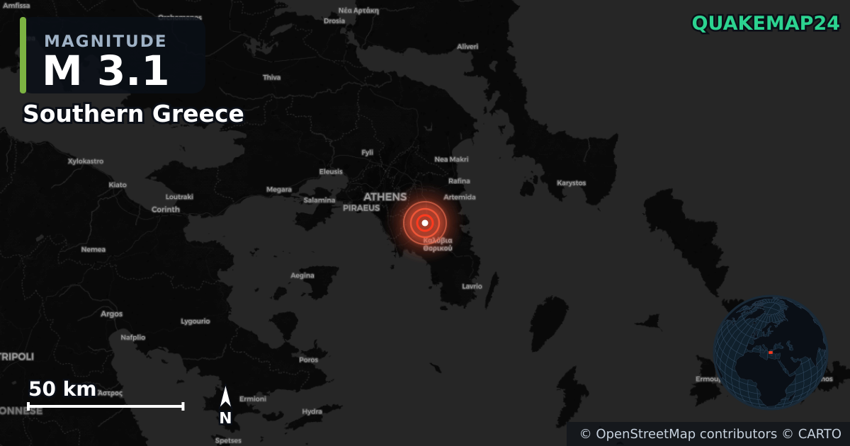 M3.1 earthquake near Southern Greece on Apr 6, 2026 — map of epicenter and shaking intensity | QuakeMap24
