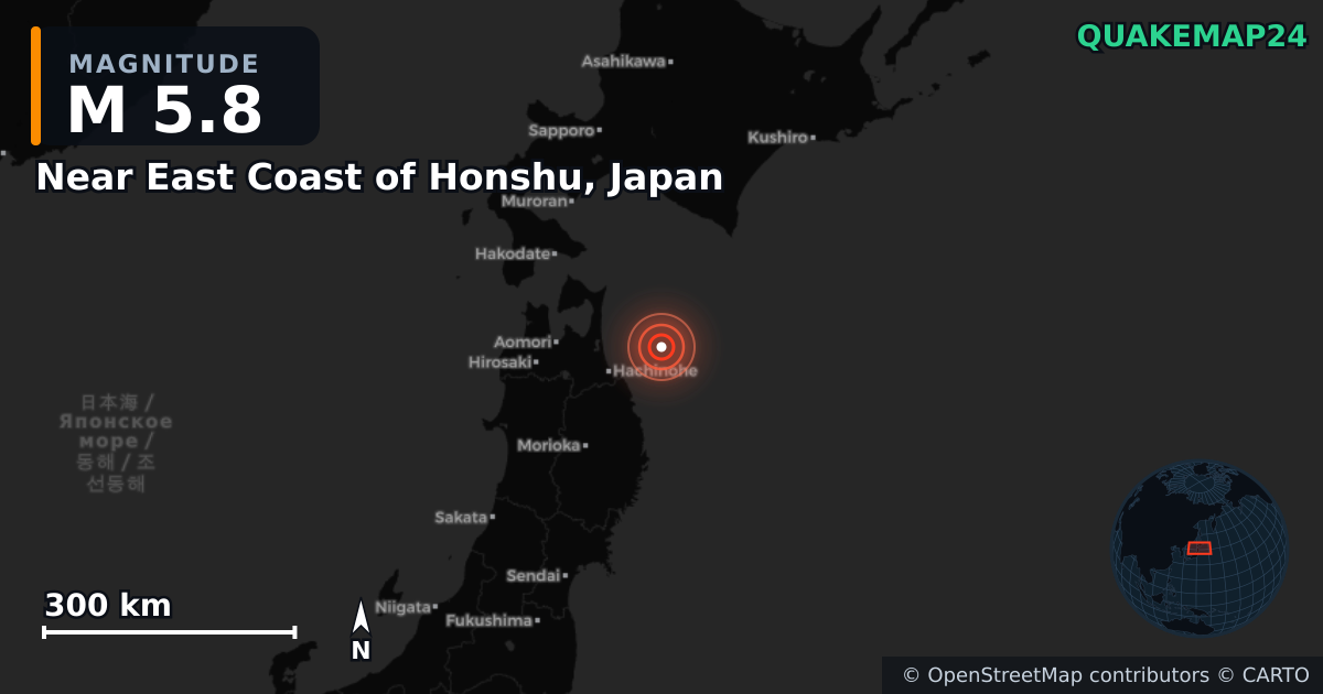M5.8 earthquake near Near East Coast of Honshu, Japan on Dec 21, 2025 — map of epicenter and shaking intensity | QuakeMap24