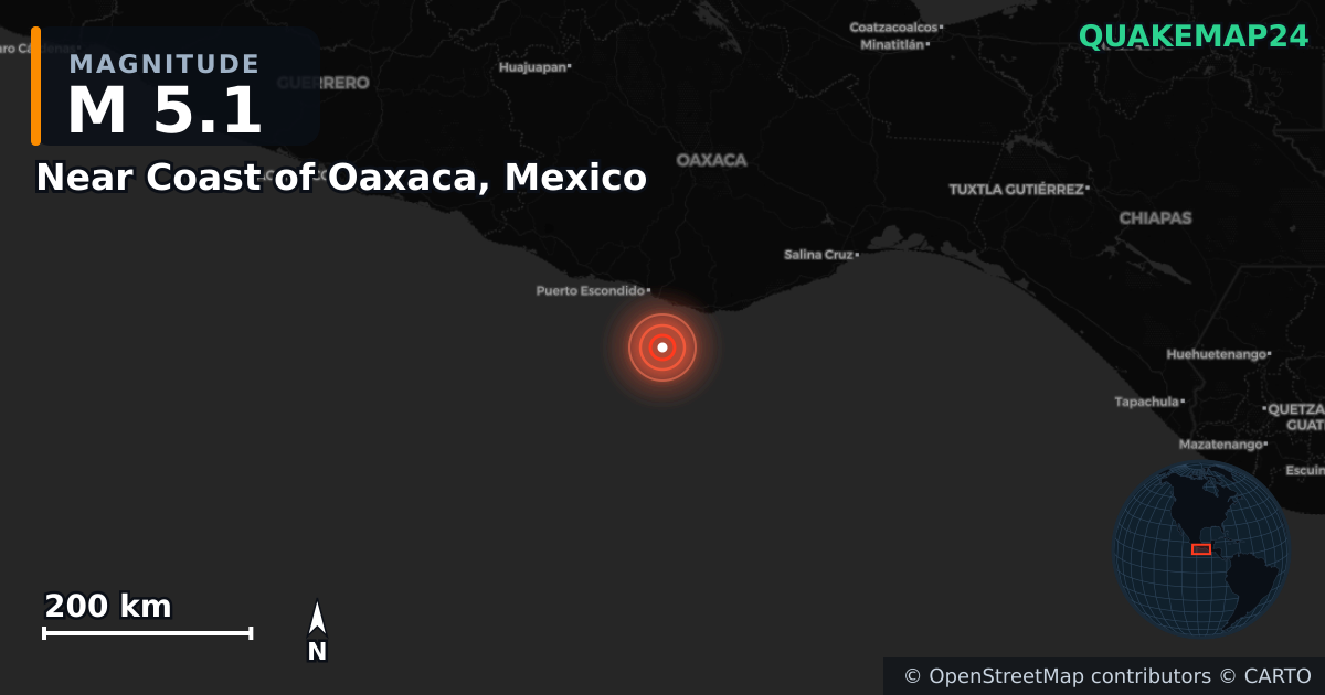 Terremoto de M5,1 cerca de Near Coast of Oaxaca, Mexico — Mapa de la ubicación del epicentro