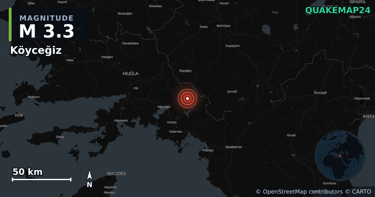 M3.3 Earthquake near Köyceğiz, Muğla (Turkey) · 2026-10-25 — Map showing the location of the epicenter