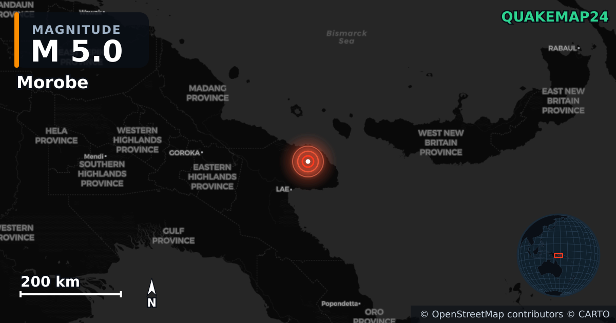 M5.0 earthquake near Morobe on Aug 31, 2025 — map of epicenter and shaking intensity | QuakeMap24