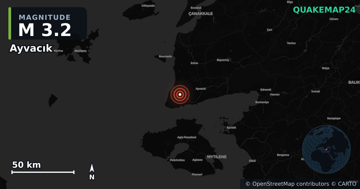 M3.2 earthquake near Ayvacık on Feb 19, 2026 — map of epicenter and shaking intensity | QuakeMap24