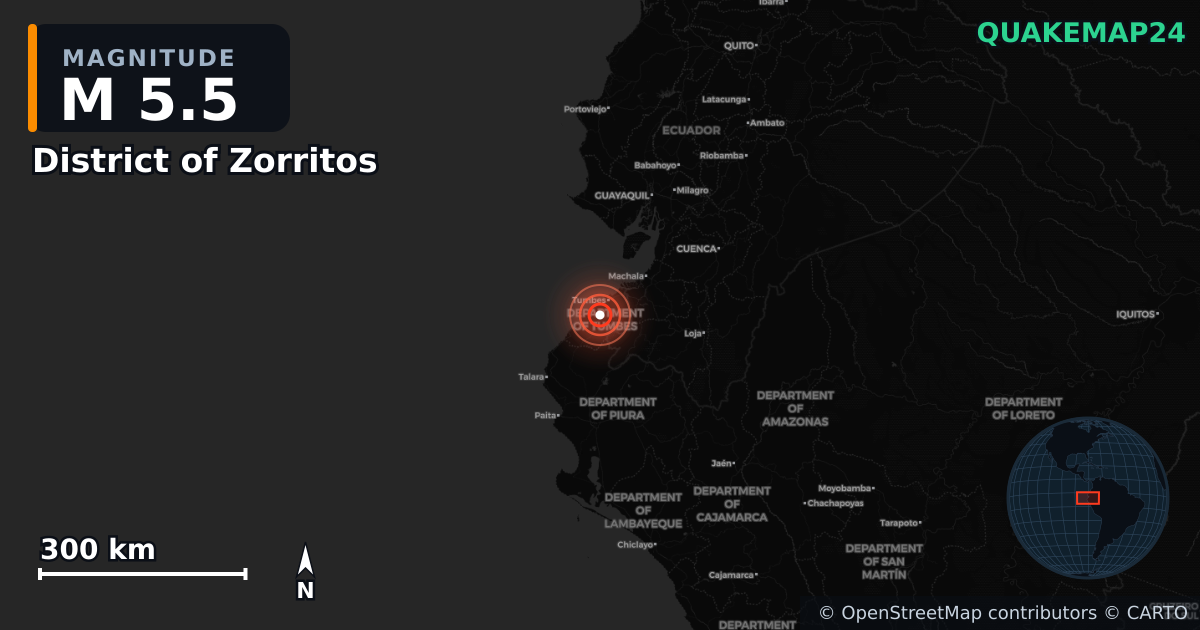 M5.5 earthquake near District of Zorritos on May 8, 2025 — map of epicenter and shaking intensity | QuakeMap24