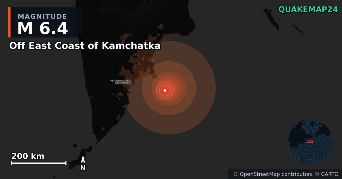 M6.4 earthquake near Off East Coast of Kamchatka on Jun 19, 2026 — map of epicenter and shaking intensity | QuakeMap24