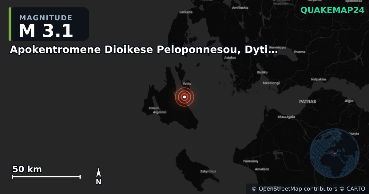 M3.1 earthquake near Apokentromene Dioikese Peloponnesou, Dytikes Elladas kai Ioniou on Sep 30, 2025 — map of epicenter and shaking intensity | QuakeMap24