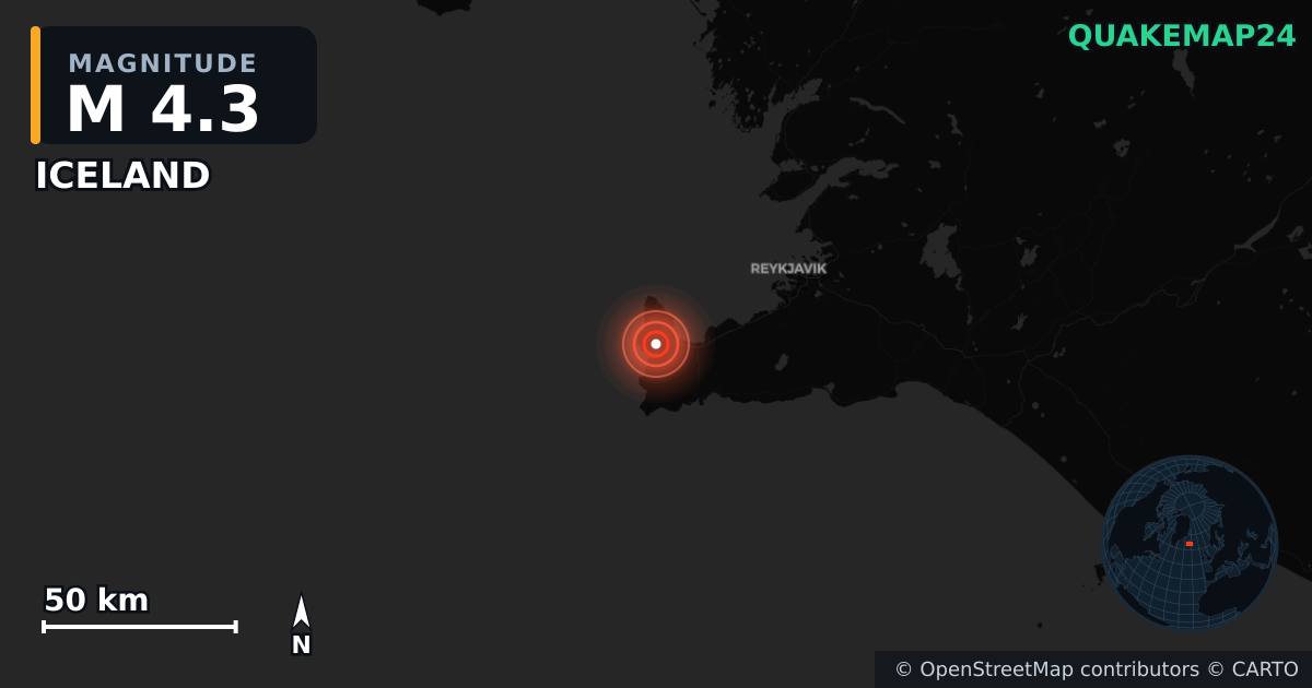 M4.3 earthquake near ICELAND on May 24, 2025 — map of epicenter and shaking intensity | QuakeMap24