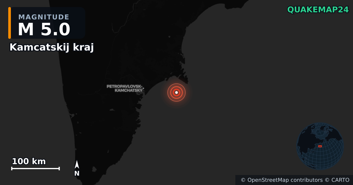 M5.0 earthquake near Kamcatskij kraj on Sep 19, 2025 — map of epicenter and shaking intensity | QuakeMap24