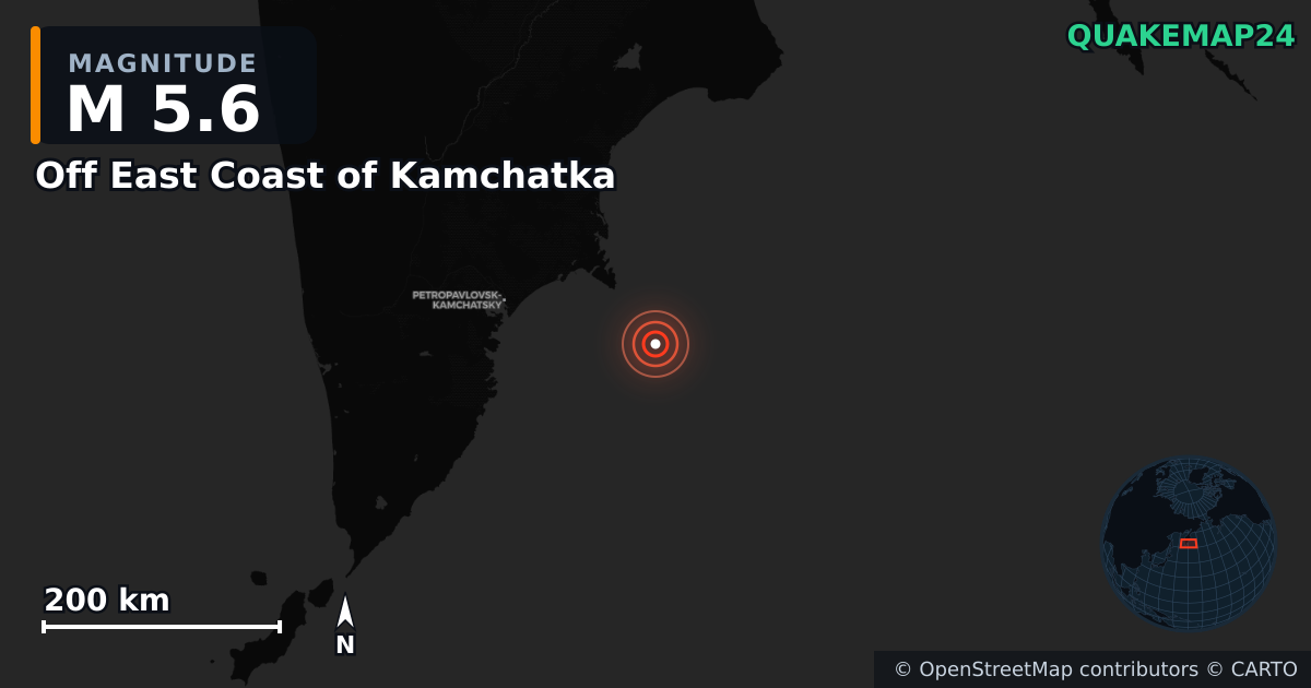 M5.6 earthquake near Off East Coast of Kamchatka on Jan 17, 2026 — map of epicenter and shaking intensity | QuakeMap24