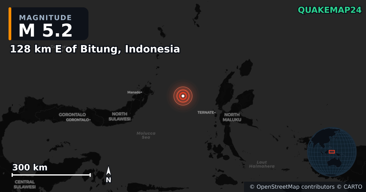 Erdbeben M5,2 bei 128 km E of Bitung, Indonesia — Karte der Lage des Epizentrums