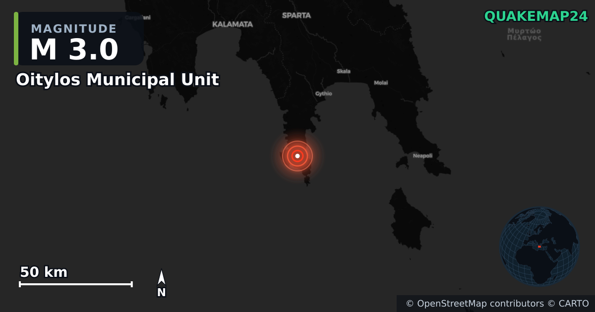 M3.0 earthquake near Oitylos Municipal Unit on Aug 11, 2026 — map of epicenter and shaking intensity | QuakeMap24