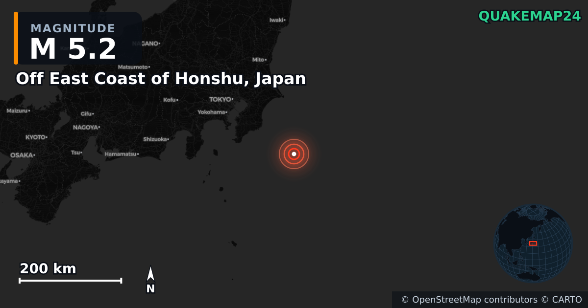 M5.2 earthquake near Off East Coast of Honshu, Japan on Nov 4, 2025 — map of epicenter and shaking intensity | QuakeMap24