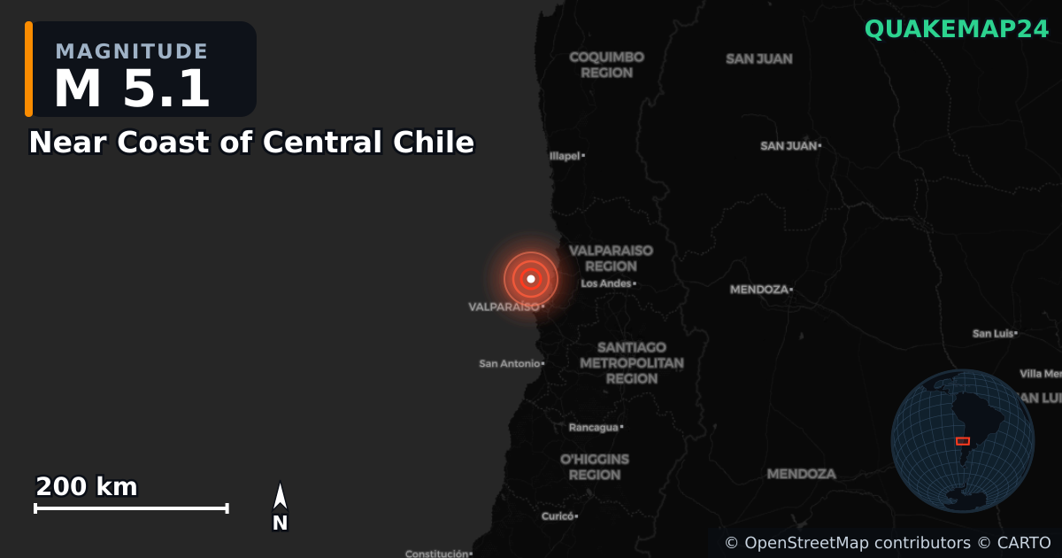 M5.1 earthquake near Near Coast of Central Chile on May 31, 2026 — map of epicenter and shaking intensity | QuakeMap24