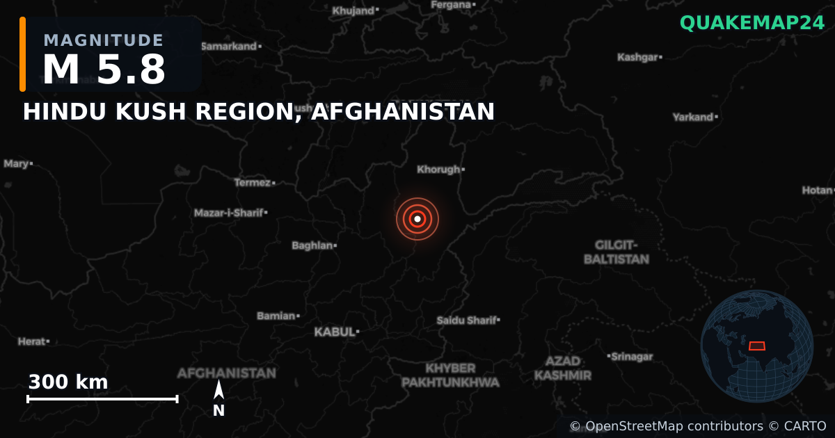 M5.8 earthquake near HINDU KUSH REGION, AFGHANISTAN on Apr 3, 2026 — map of epicenter and shaking intensity | QuakeMap24