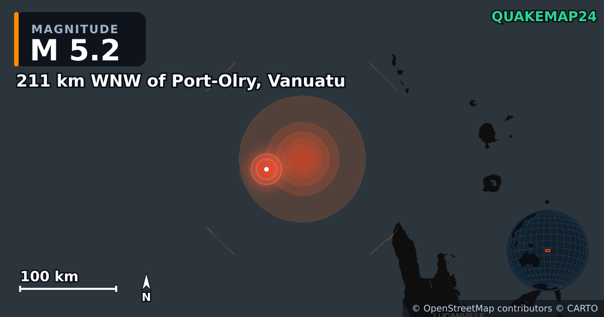 Σεισμός M5,2 κοντά στο 211 km WNW of Port-Olry, Vanuatu · 2026-10-19 — Χάρτης της θέσης του επικέντρου