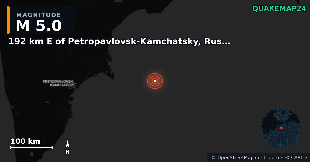 M5.0 earthquake near 192 km E of Petropavlovsk-Kamchatsky, Russia on Sep 17, 2025 — map of epicenter and shaking intensity | QuakeMap24
