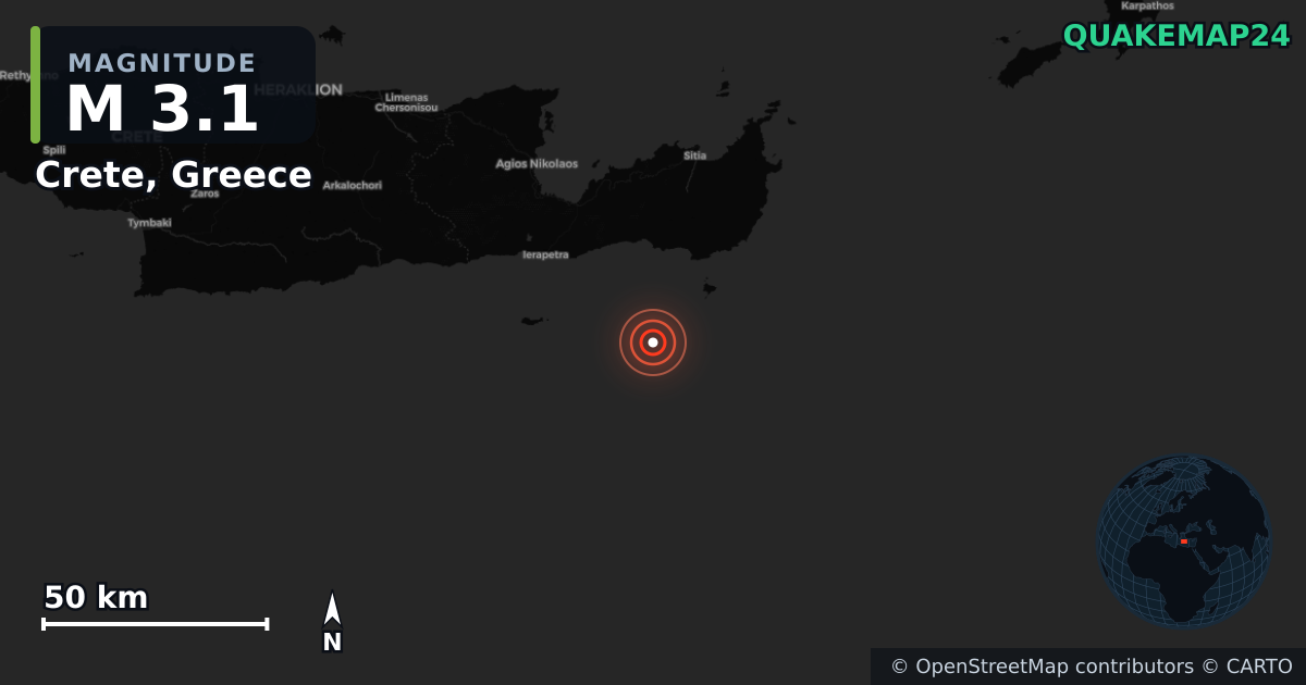 M3.1 earthquake near Crete, Greece on May 5, 2026 — map of epicenter and shaking intensity | QuakeMap24