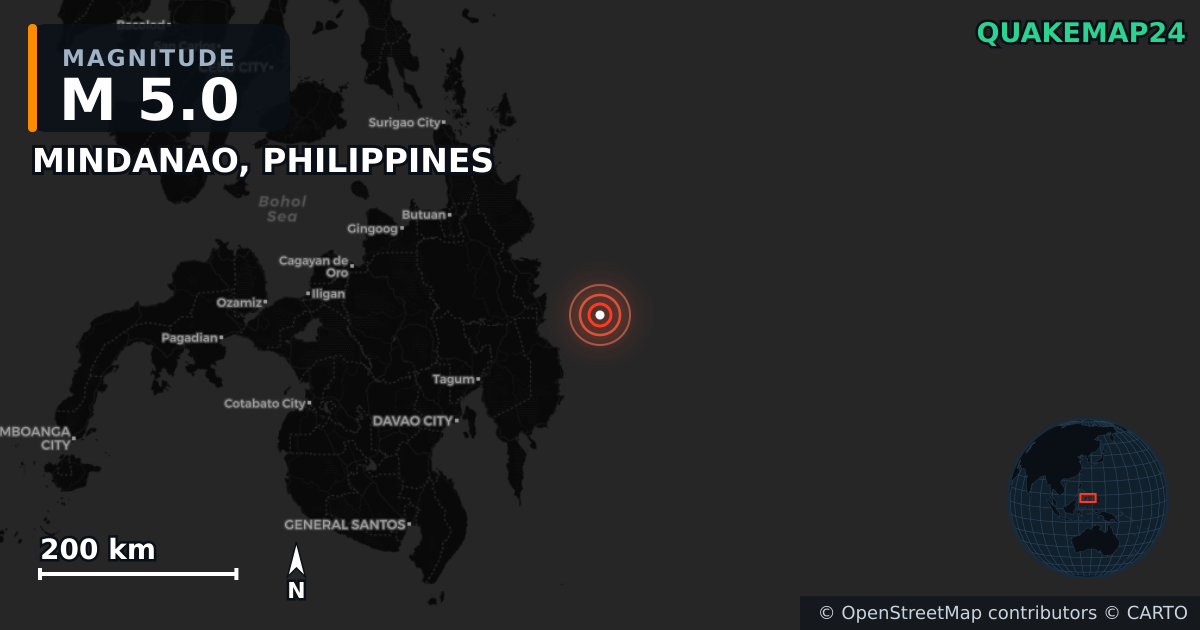 M5.0 earthquake near MINDANAO, PHILIPPINES on May 25, 2026 — map of epicenter and shaking intensity | QuakeMap24