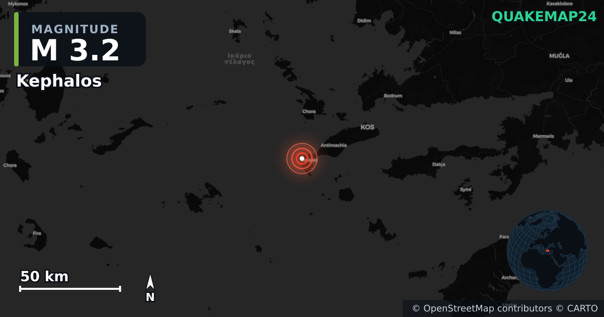 M3.2 earthquake near Kephalos on Dec 22, 2025 — map of epicenter and shaking intensity | QuakeMap24