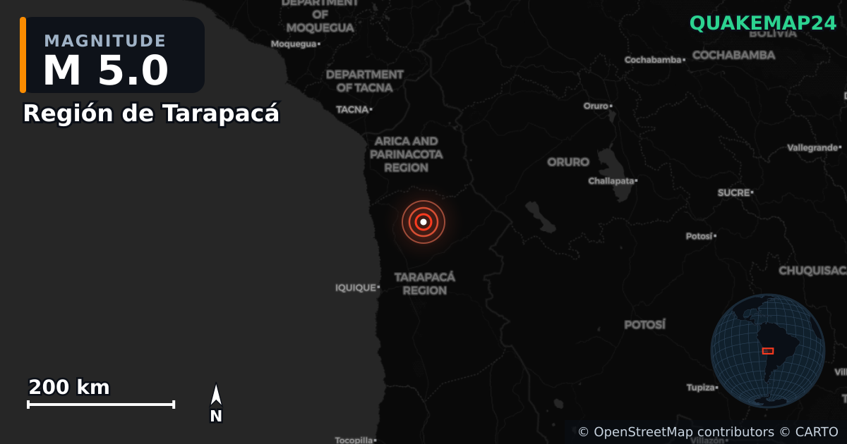 M5.0 earthquake near Región de Tarapacá on Aug 24, 2025 — map of epicenter and shaking intensity | QuakeMap24