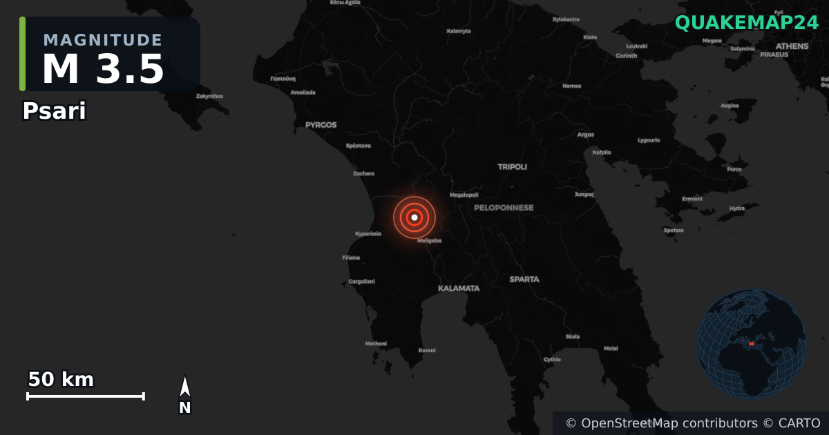 M3.5 earthquake near Psari on Aug 30, 2025 — map of epicenter and shaking intensity | QuakeMap24
