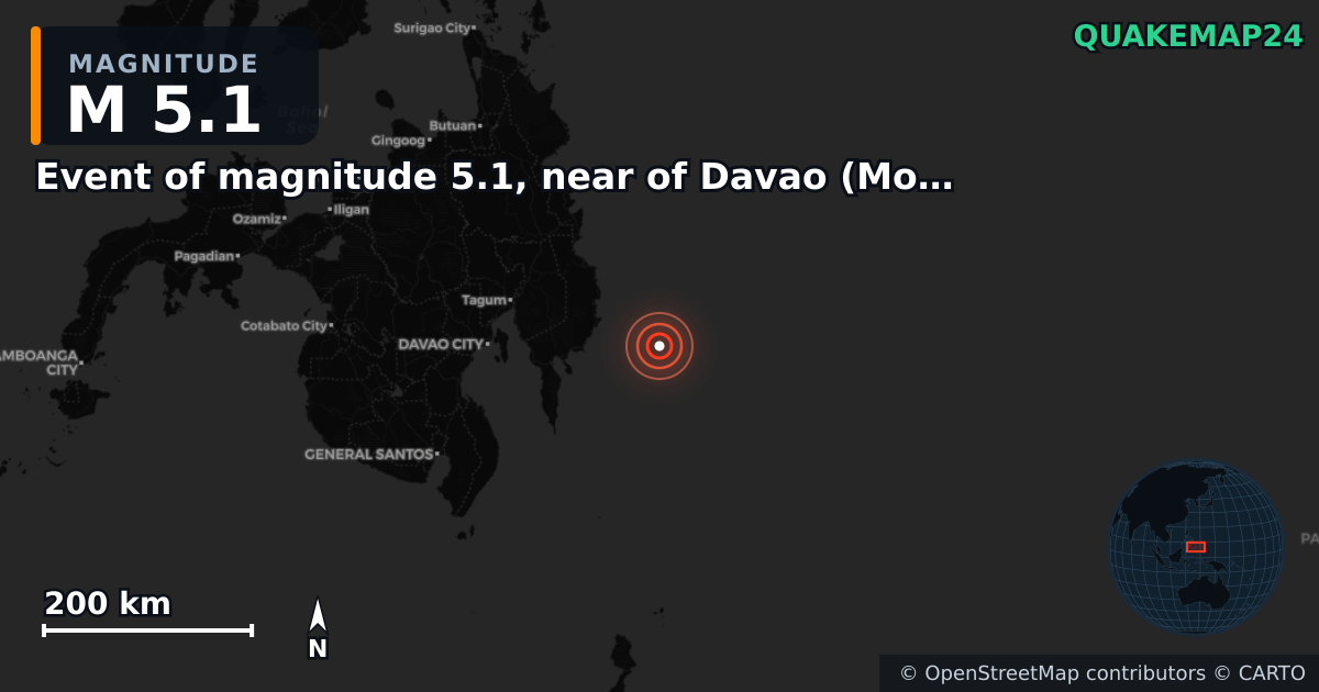 Sismo de M5,1 perto de Event of magnitude 5.1, near of Davao (Monde) — Mapa da localização do epicentro