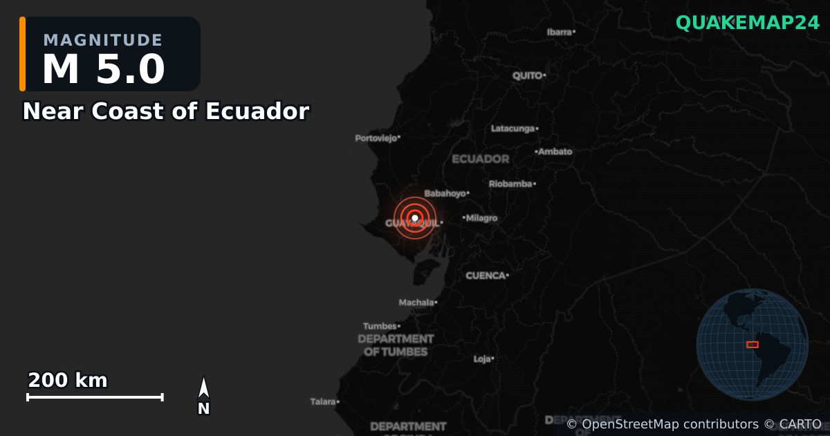 Erdbeben M5,0 bei Near Coast of Ecuador — Karte der Lage des Epizentrums