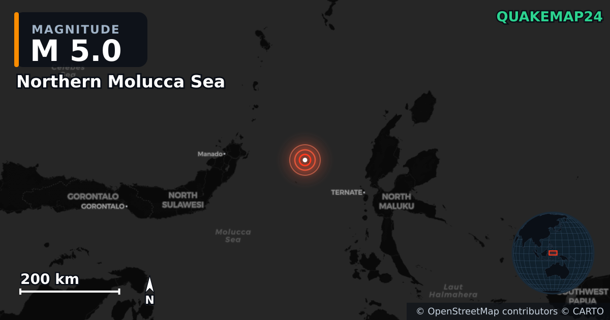 Erdbeben M5,0 bei Northern Molucca Sea — Karte der Lage des Epizentrums