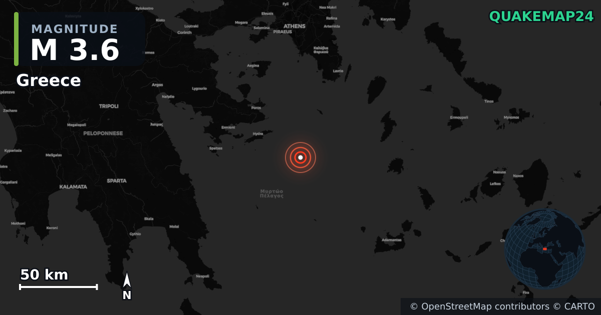M3.6 earthquake near Greece on Apr 26, 2026 — map of epicenter and shaking intensity | QuakeMap24