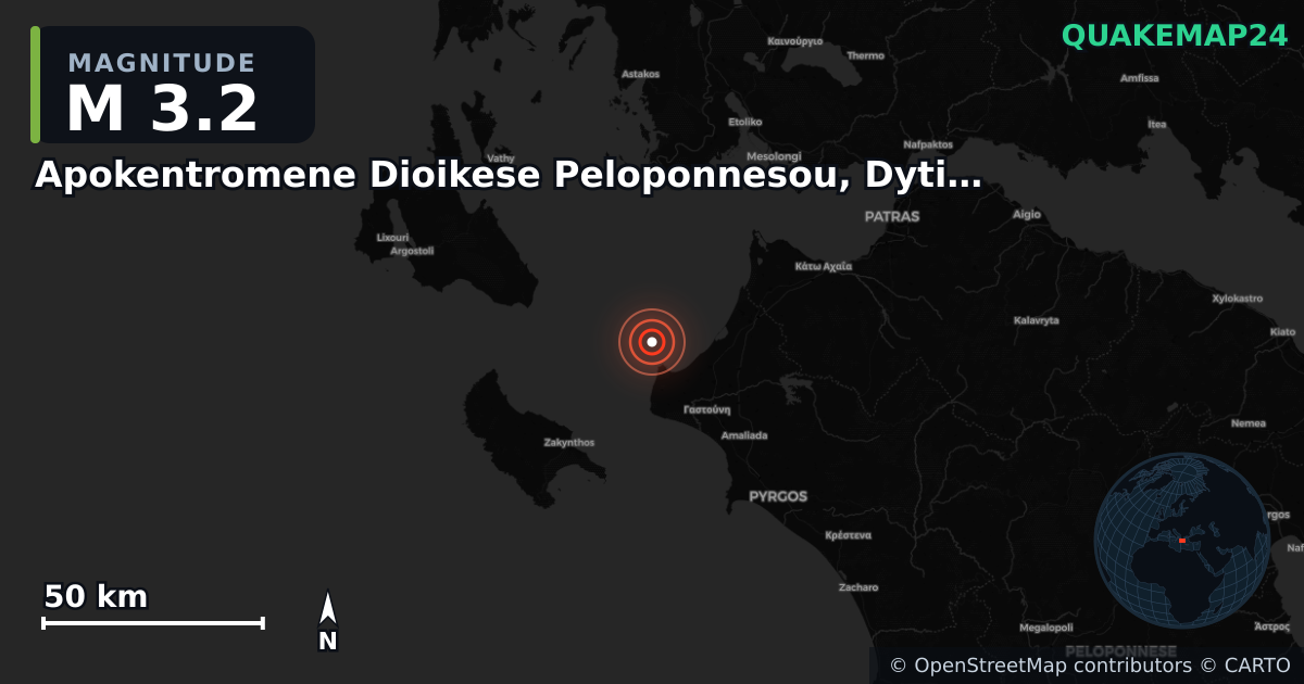 M3.2 earthquake near Apokentromene Dioikese Peloponnesou, Dytikes Elladas kai Ioniou on Jul 31, 2025 — map of epicenter and shaking intensity | QuakeMap24