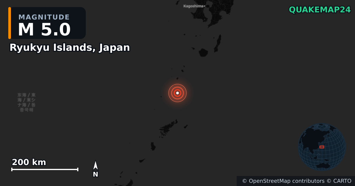 Ryukyu Islands, Japan yakınında M5,0 deprem — Deprem merkez üssünün konumunu gösteren harita