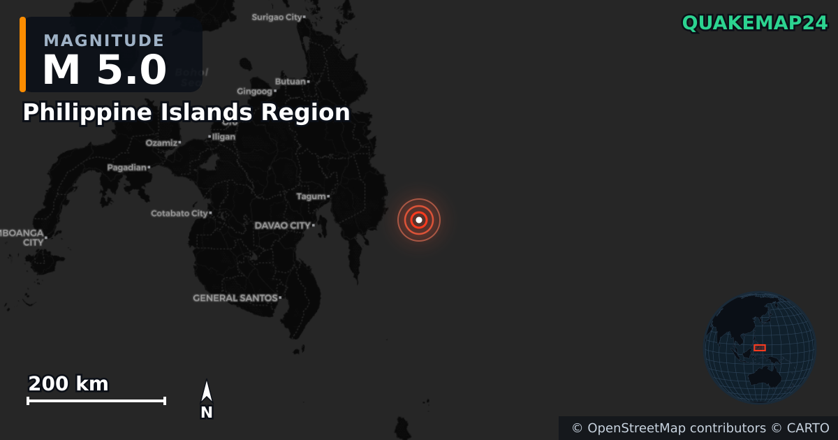 M5.0 earthquake near Philippine Islands Region on Oct 10, 2025 — map of epicenter and shaking intensity | QuakeMap24