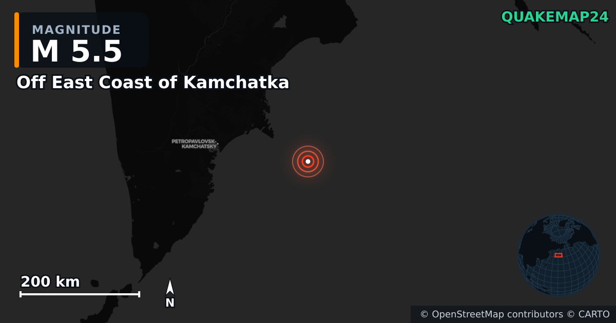 Erdbeben M5,5 bei Off East Coast of Kamchatka — Karte der Lage des Epizentrums